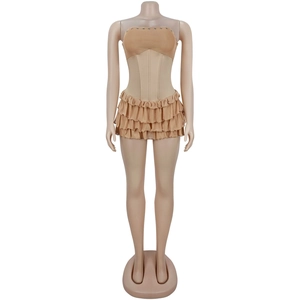Detail view of khaki tube top with eyelets and layered ruffle skirt set for women