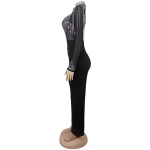 Detail of silver rhinestone fringe on black mesh long sleeve jumpsuit shoulder