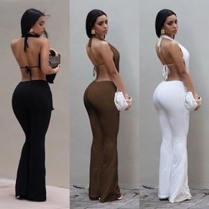 Chic backless halter top and flared pants set for women in black brown and white colors