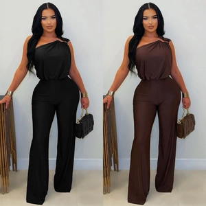 Women One Shoulder Wide Leg Jumpsuit Sexy Ruched Sleeveless High Waist Long Pant Romper Elegant Fashion Clubwear Jumpsuit