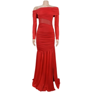 Detail of red off-the-shoulder maxi dress with mesh waist inserts and side slit