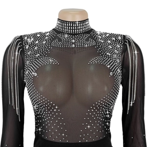 Detail of sheer mesh bodysuit with sparkling rhinestone tassels on high neck and shoulders