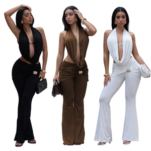 Three-piece view of sexy backless halter neck tops and low-waist flare pants sets