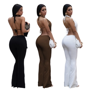 Side view of backless halter top and flared pants set in black, brown, and white colors