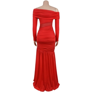 Rear view detail of a red off-shoulder fishtail dress with mesh waist and ruched fabric