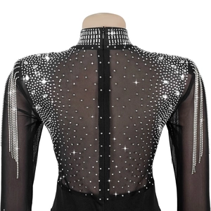 Close-up of sheer black mesh bodysuit with silver rhinestones and back zipper detail