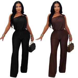 Women's one-shoulder sleeveless wide-leg jumpsuit with waist ruching in black and brown