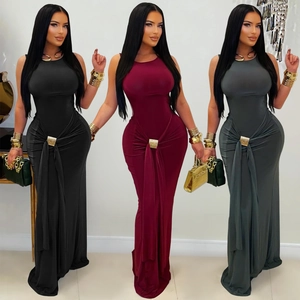 Abito Lungo da Donna Senza Schienale Elegante Vita Arricciata Con Fibbia Dorata Senza Maniche Bodycon Festa Serale