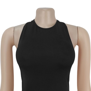 Close-up of black sleeveless halter top featuring ribbed fabric and slim fit design