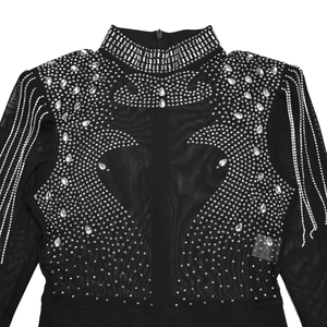 Detail of sheer black mesh bodysuit featuring intricate silver rhinestones and high neck