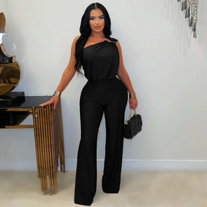 Elegant black one-shoulder wide-leg jumpsuit for women with a slim waist and sleek silhouette