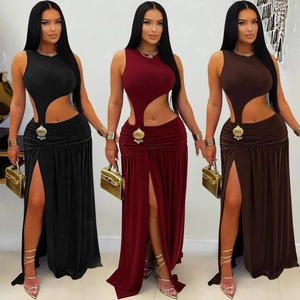 Women Sexy Cutout Sleeveless Maxi Dress Solid Color Side Slit Ruched Bodycon Party Clubwear Dress With Shell Ornament