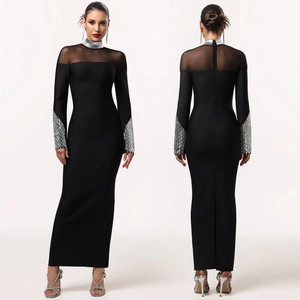 Robe Maxi Élégante à Col Montant et Manches Longues Femmes Patchwork de Maille et Strass Coupe Ajustée Sexy Soirée Noir