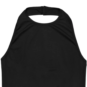 Detail of black halter neckline with rear closure and elastic jersey fabric texture