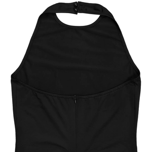 Detail of a black halter dress featuring a dual-button closure and a hidden zipper back
