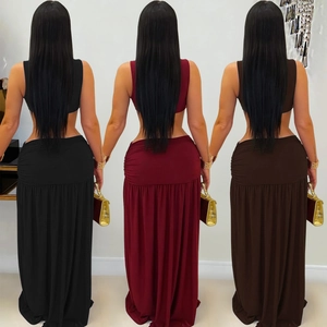 Three-color back view of sexy backless crop top and high-waist maxi dress set