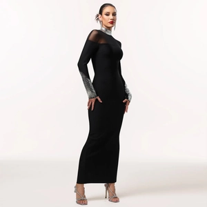 Robe moulante noire élégante à manches longues avec paillettes argentées et mesh