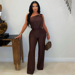 Elegant one-shoulder brown wide-leg jumpsuit with pleated neck and premium drape fabric