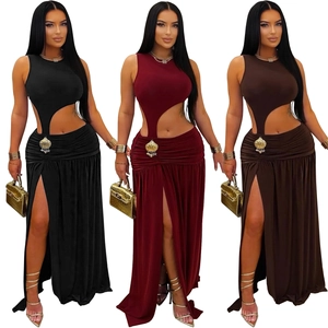 Sexy sleeveless cutout maxi dress with high slit and shell detail in three colors