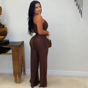 Deep brown one-shoulder slim jumpsuit with wide-leg cut and high-elasticity fabric