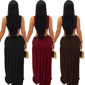 Back view of elegant two-piece set featuring sleeveless crop top and ruched maxi skirt