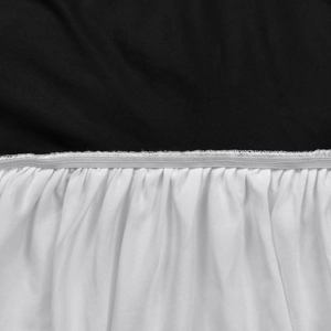 Detail of black and white fabric contrast stitching with elastic ruffles on a dress