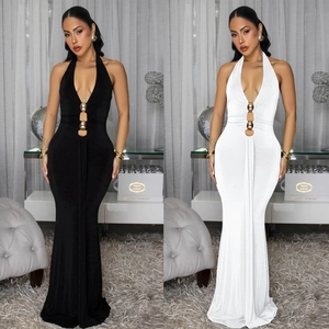 Robe Longue Élégante Dos Nu Col en V Profond pour Femmes Sexy Slim Fit Bodycon Robe de Soirée Longue avec Perles Dorées