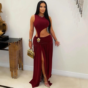 Deep burgundy cutout maxi dress with high slit and slim fit for party wear