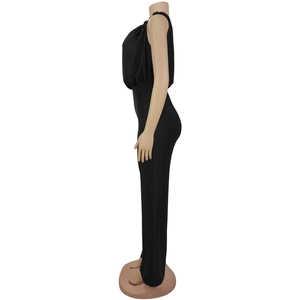 Side view detail of elegant black sleeveless jumpsuit with draped neckline and waist tie