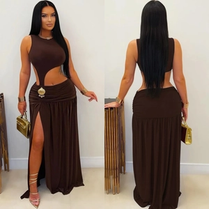 Detail of chocolate brown slim-fit dress with side cut-out and high slit detail