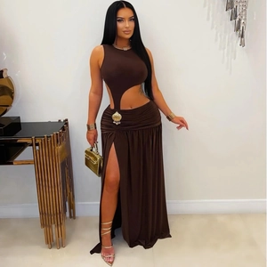 Detailed view of dark coffee two-piece set with halter crop top and side slit maxi skirt