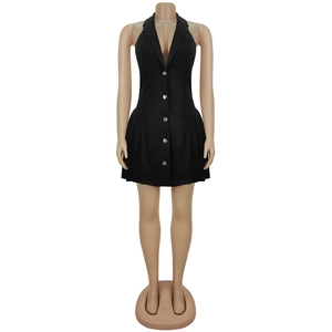 Detailed front view of a black halter mini dress with V-neckline and gold buttons