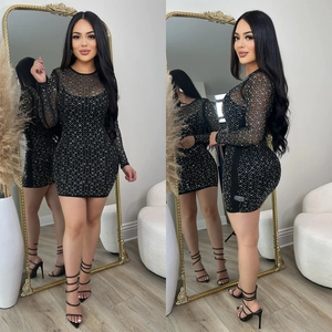 Vestito Mini Bodycon Sexy in Rete Con Strass Per Donna Elegante Trasparente Manica Lunga Patchwork Girocollo Festa Club