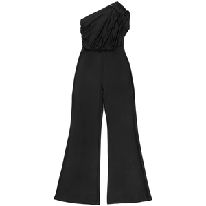 Detail of black one-shoulder jumpsuit featuring ruched bodice and metal ring connector