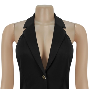 Front detail of black halter dress with V-neck lapels and a gold button closure
