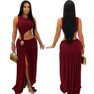 Detail showing the side cutout and high slit design of this burgundy maxi dress