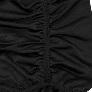 Close-up detail of the ruched black elastic fabric on this elegant wide-leg jumpsuit