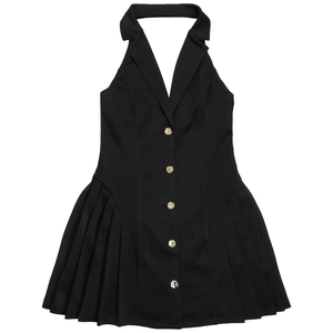 Detail of black halter pleated dress with golden buttons and v-neck collar design