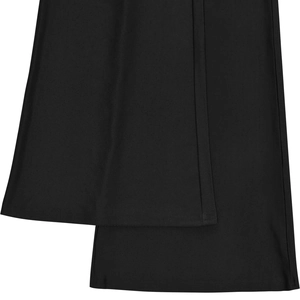 Detail of high-density black knit fabric and vertical stitching on wide-leg jumpsuit