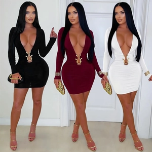 Robe Moulante Sexy à Col en V Profond pour Femme Mini Robe Manches Longues en Polyester Froncée pour Fête et Club avec Boucle Serpent Dorée