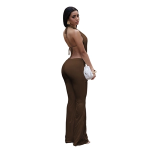 Detail view of deep brown backless jumpsuit featuring stylish halter neck and wide leg flare