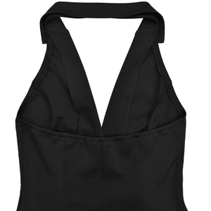 Detailed close-up of a black deep V-neck halter dress with premium stitching and texture