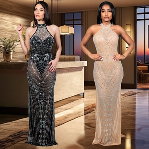 Elegantes Damen Sexy Neckholder Netz Strass Maxi Kleid Rückenfrei Figurbetont Party Abendkleid Hoher Schlitz Meerjungfrau