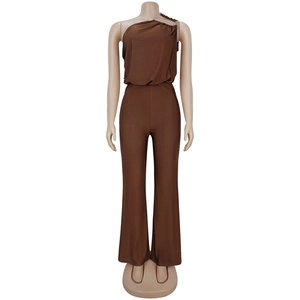 Detail view of one-shoulder sleeveless jumpsuit with ruched neckline in dark coffee