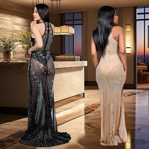 Transparentes Netz-Abendkleid mit glitzernden Strasssteinen und Fischschwanz-Saum