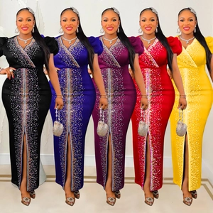 Donna Elegante Strass Manica a Sbuffo Maxi Vestito Sexy Scollo a V Alto Spacco Slim Fit Banchetto Sera Festa Matrimonio Vestito