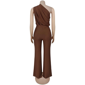 Rear view of caramel one-shoulder wide-leg jumpsuit with elegant draping details