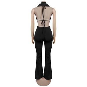 Detail of back view showing lace-up ties and open-back flare pants set in black