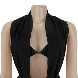 Detail of black halter wrap top featuring pleated draping on a professional mannequin