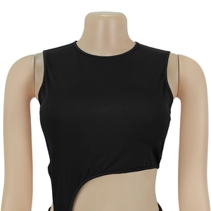 Detail view of black sleeveless crop top with asymmetrical waist cutout design